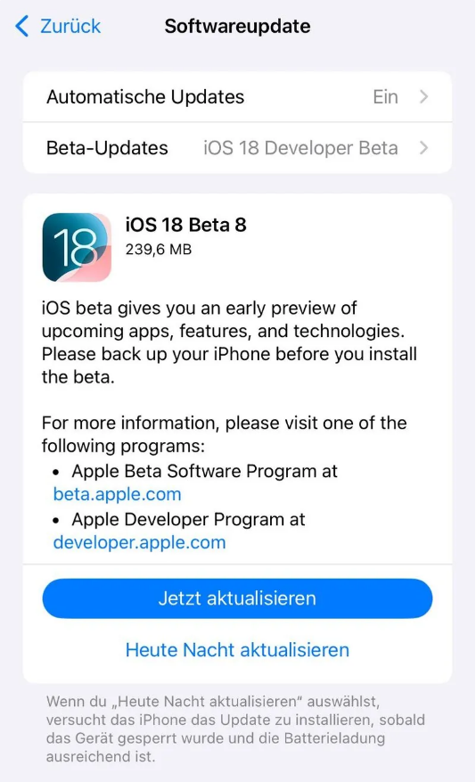 五河苹果手机维修分享苹果 iOS / iPadOS 18 开发者预览版 Beta 8 发布 